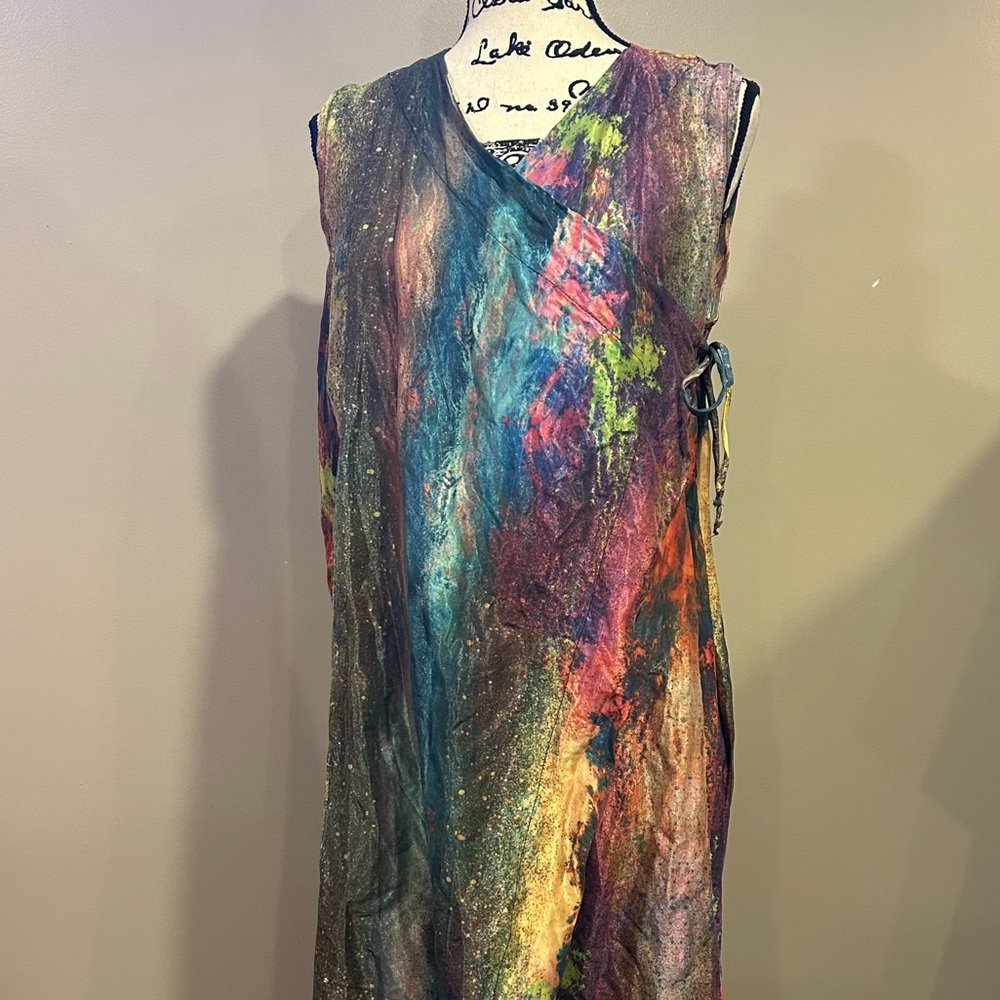 Bryn Walker Zen Taffeta Nebulosa Abstract Print Asymmetrical Hem Wrap Tunic - Picture 5 of 16